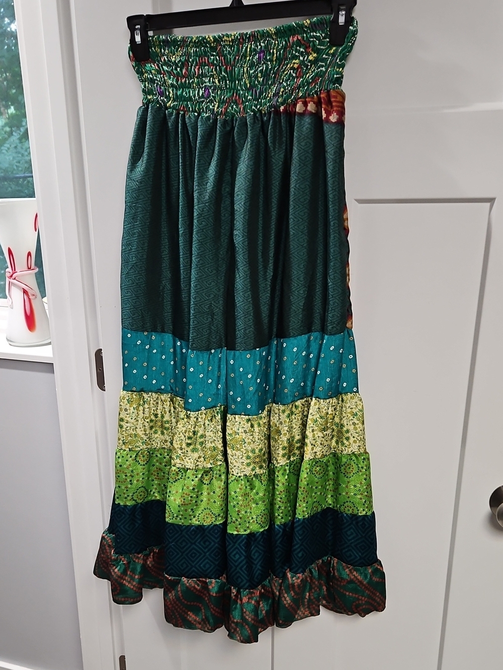 POL Wide-Leg Patchwork Maxi Pants in Green and Teal